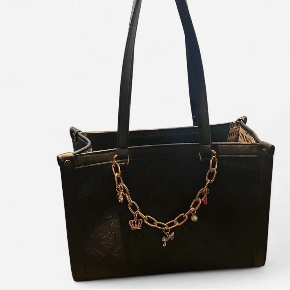 Juicy Couture Black Monogram Tote Bag Gold Chain Charm Shoulder Purse - Picture 2 of 6